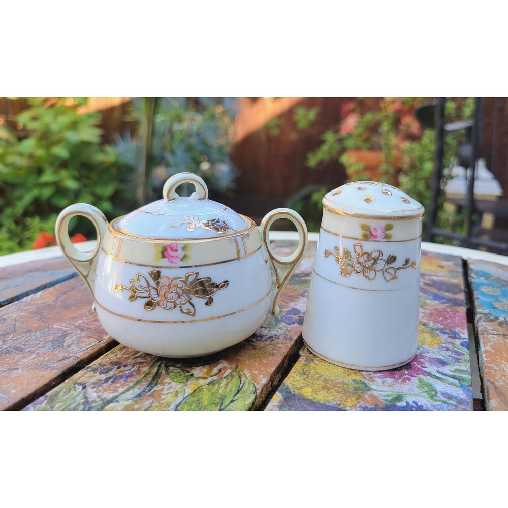 Antique Nippon Sugar Bowl & Salt Shaker Set – Hand Painted Roses (1911-1921)